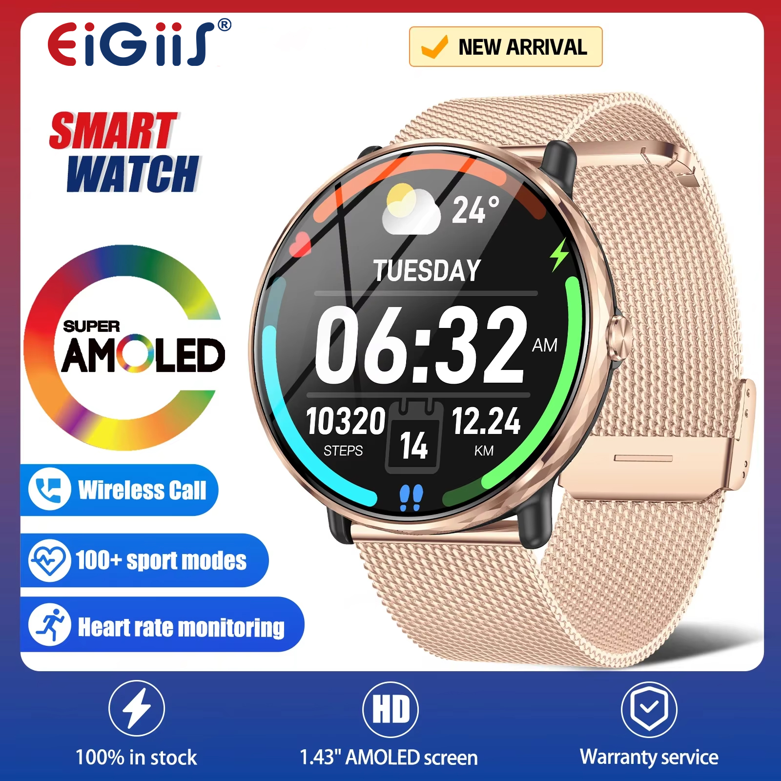 EIGIIS 2024 nowy inteligentny zegarek 1,43 "wodoodporna ocena IP68 AMOLEDMęskie i damskie modne zegarki sportowe śledzenie połączeń Bluetooth