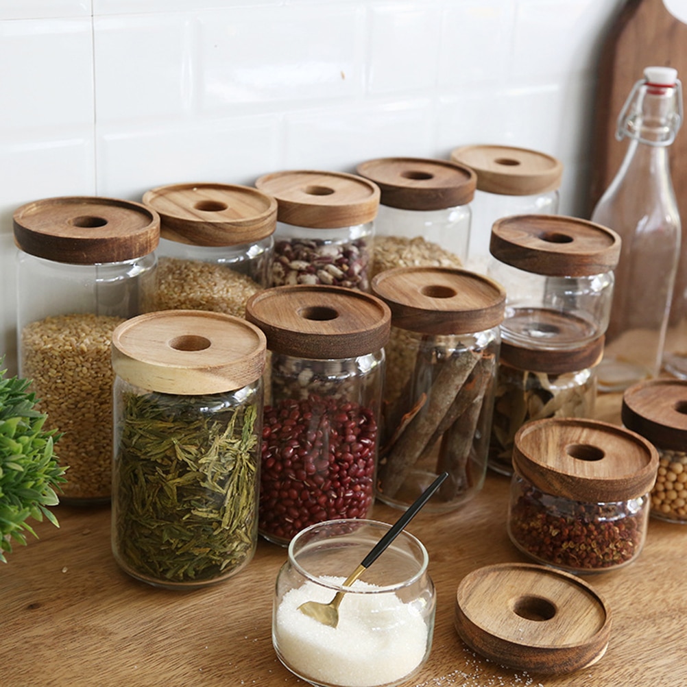 Snoeppot met houten deksel, hoge borosilicaatglas, transparante opslagtank, duurzame voedselcontainer voor kruiden, snoepgoed