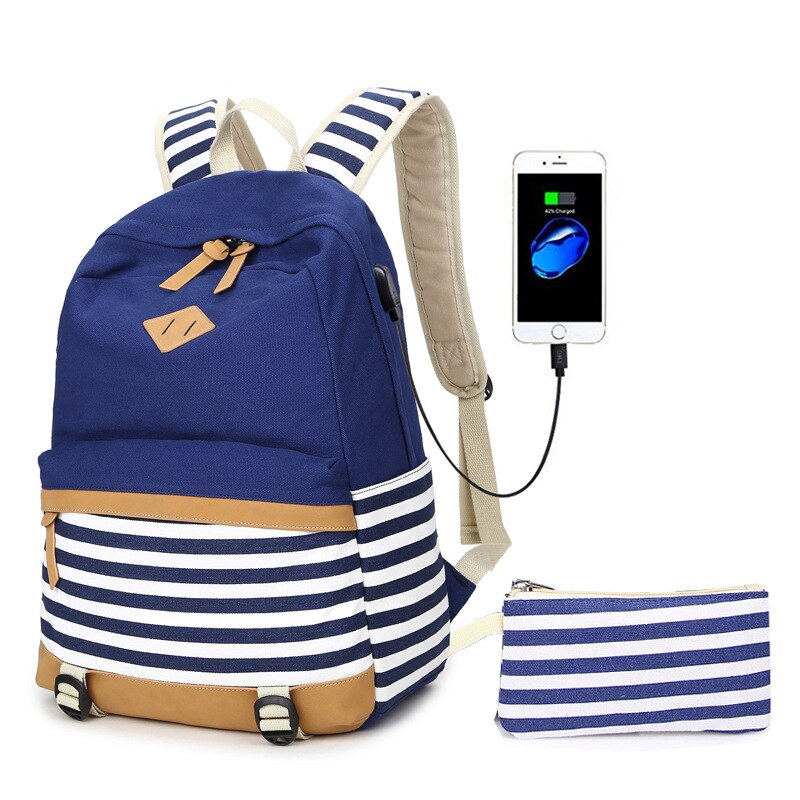 Diomo usb opladning skoletasker til piger lærred bomuldsstof stribet rygsæk til børn taske pakke skoletaske: 1606 blå