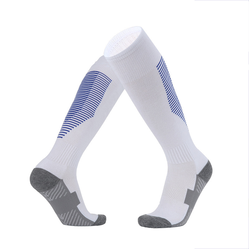 Sports Cycling Woman Men Compression Football Socks High For Sport Men&#39;s Cotton Yoga Long Towel Bottom Over Knee Stripe Socks: White blue edge / Child M 26-34code