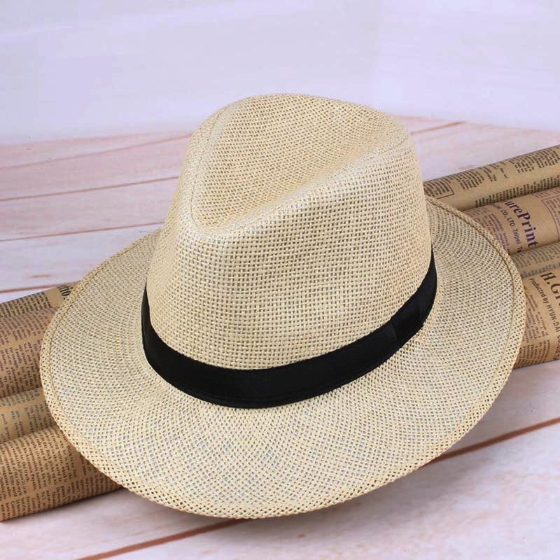 Mannen Stro Panama Hoed Handgemaakte Cowboy Cap Zomer Strand Reizen Zonnehoed Nyz Winkel: dark beige