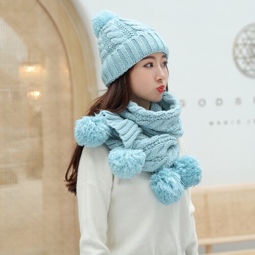 Dames winter muts sjaal set wol gebreide muts vrouwelijke bont pompon mutsen voor vrouwen dames kap dikke warme skimuts kraag: Hemelsblauw