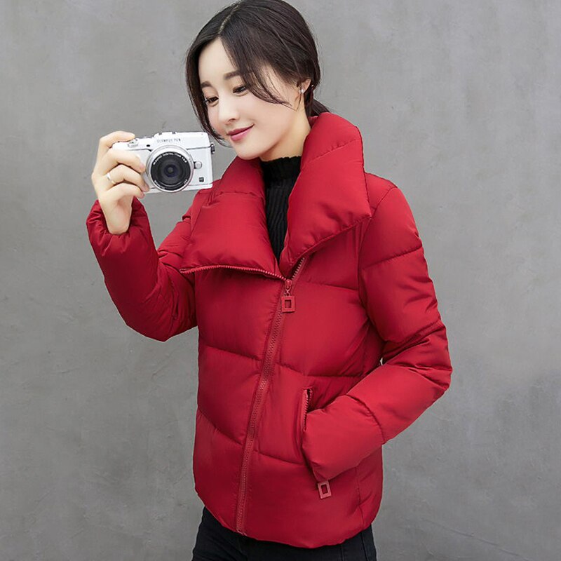 Vinter mujer parkas solid jacka dam plus size vindtät stativ krage solid tjock casual kappa femme kobieta kurtka: Röd / L