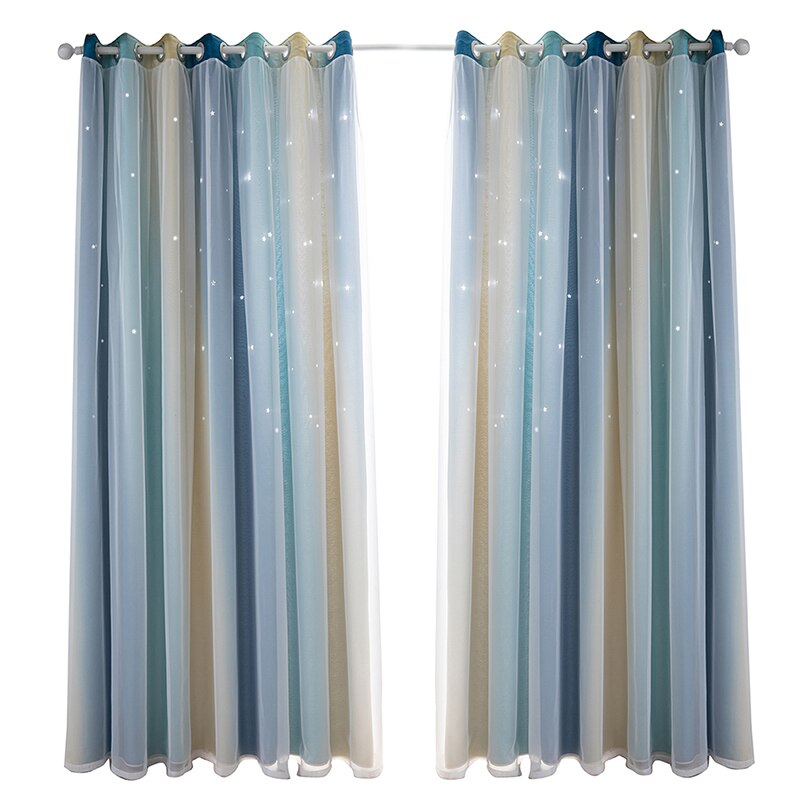 Double Layer Blackout Curtains Star Cutout For Living Room Home Decor White Sheer Window Curtain Panels For Babys Bedroom: Blue