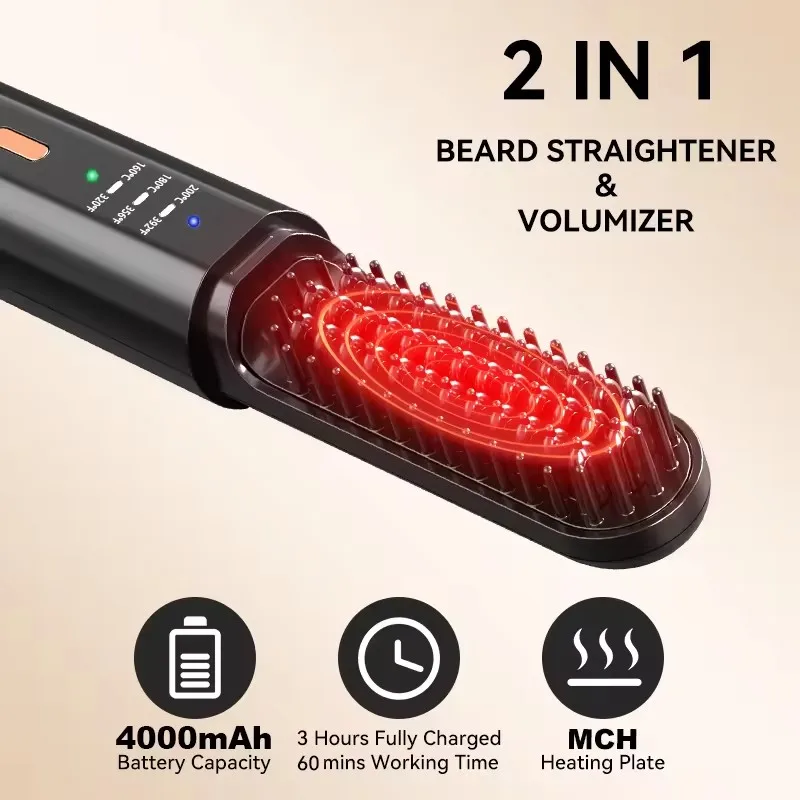 Kabelloser tragbarer Bartglätter, USB wiederaufladbar, negative Ionen, Mini-Akku-Haarglätter, Bürste für Reisen