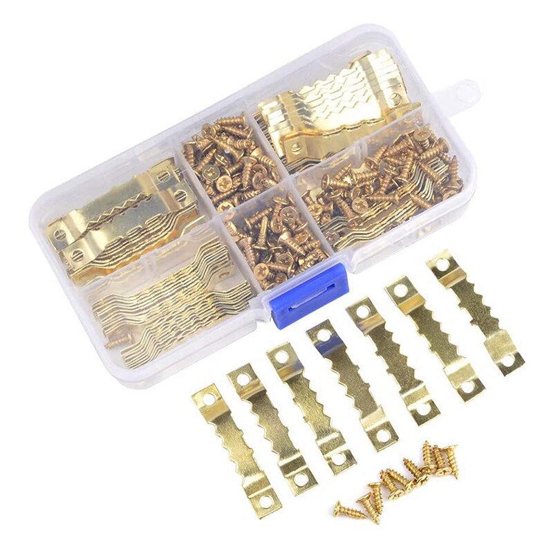 100 Pieces Picture Frame Hanging Sawtooth Hangers Kits Double Hole 200 Head Screws Wall Mounting Golden