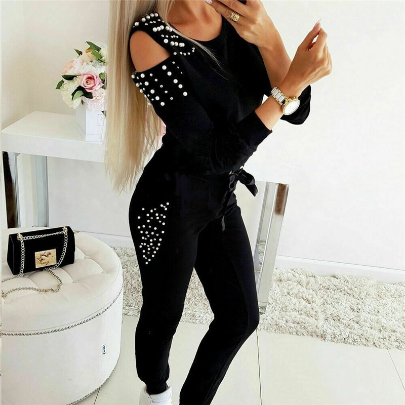 Autumn Tracksuit Set Women Long Sleeve Pearl Sweatshirts &Sweatpants Two Piece Set Casual matching sets Streetwear