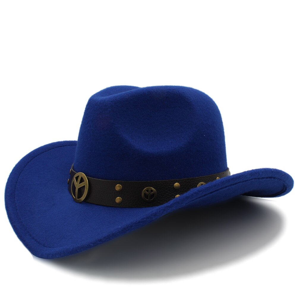 Men Wool Hollow Western Cowboy Hat for Gentleman Cowgirl Jazz Equestrian Sombrero Hombre Cap Size 56-58cm: Blue