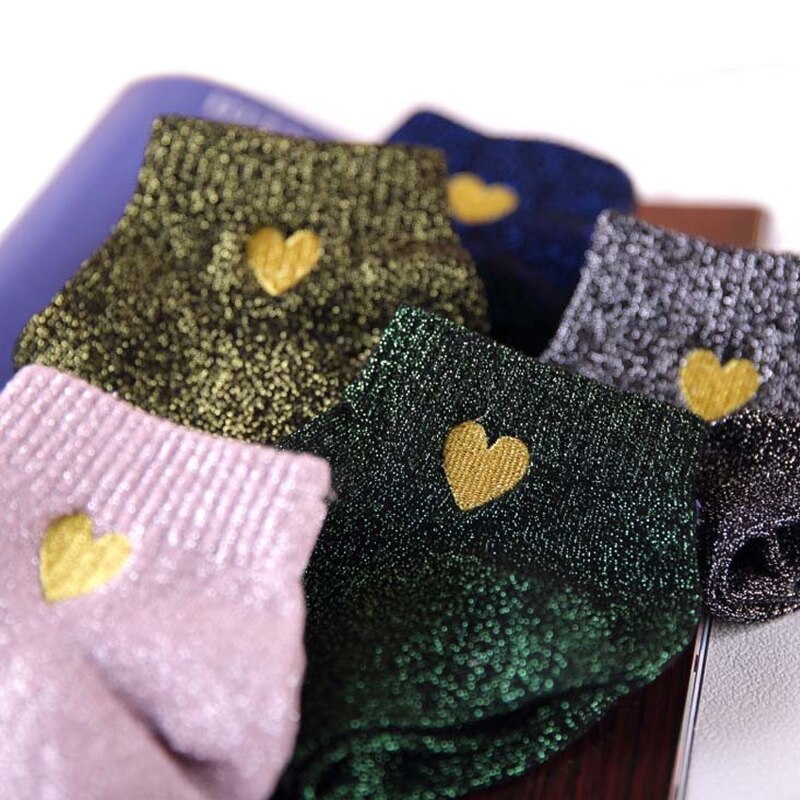Borduurwerk hart liefde glitter sokken dames modieus zilver goud zijde kleurrijk glanzende sokken glimmende calcetines vrouw