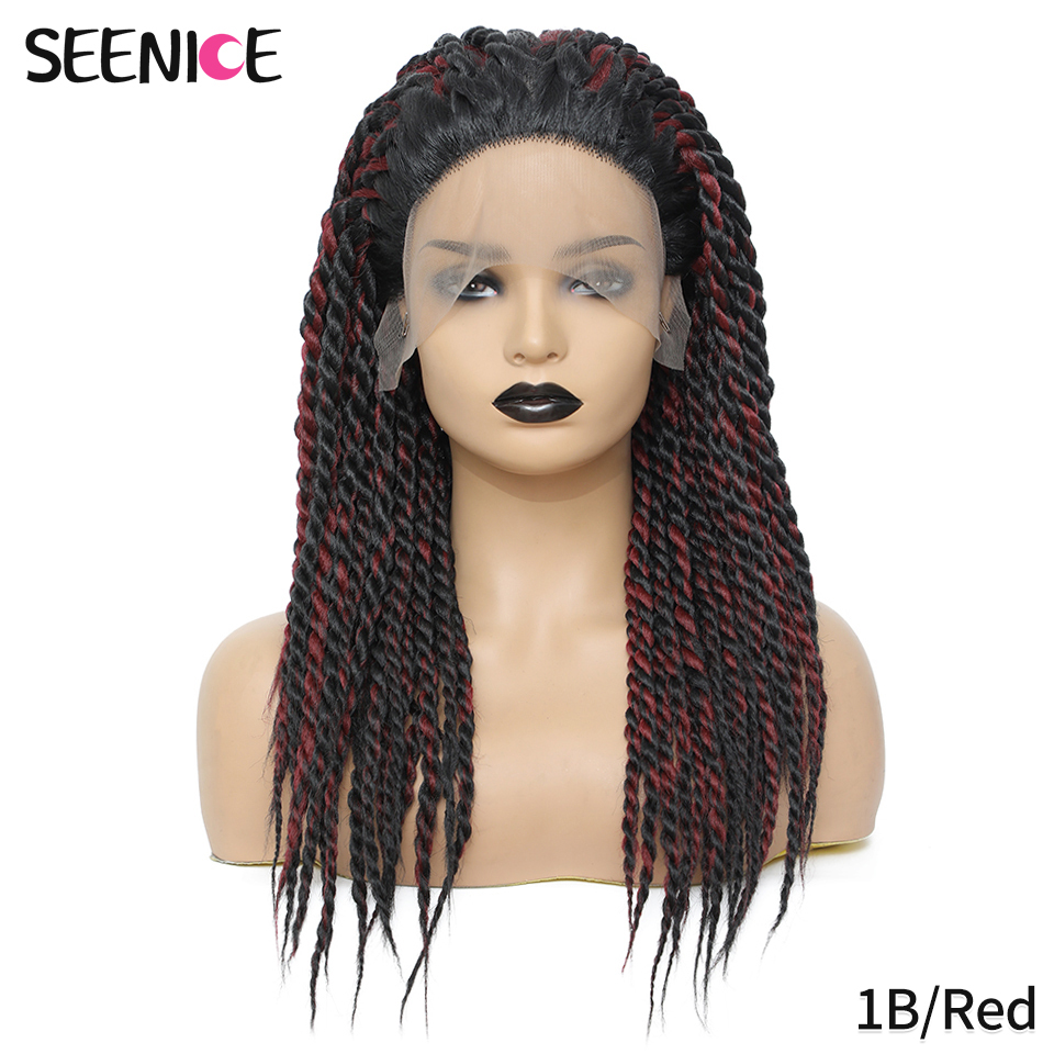 Box Braided Wig Lace Front Braid Wigs African American Synthetic Senegalese Twist Lace Long Straight Hair For Black Women Ombre: 1B-Red