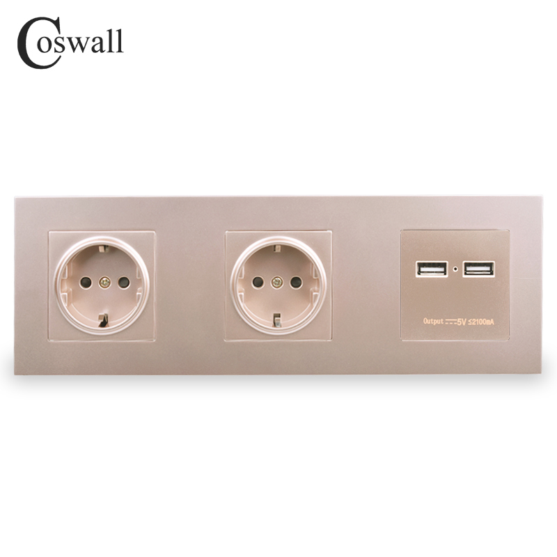 Coswall vegg pc panel dobbel stikkontakt 16a eu stikkontakt dual usb smart ladeport 5v 2a utgangsridder svart farge: Gull