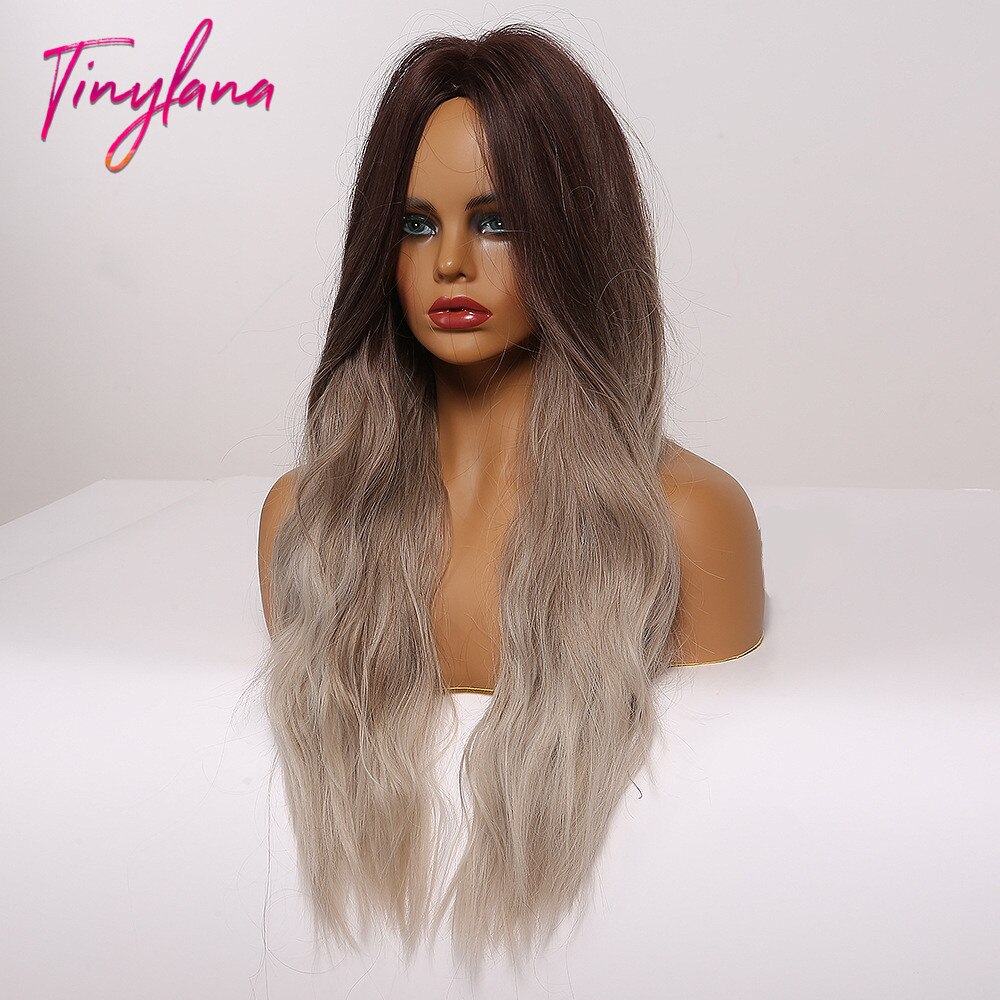 TINY LANA Synthetic Wigs Golden Ash Blonde Ombre Long Middle Point Wavy HairStyle Natural Hairline for Afro Women Heat Resistant