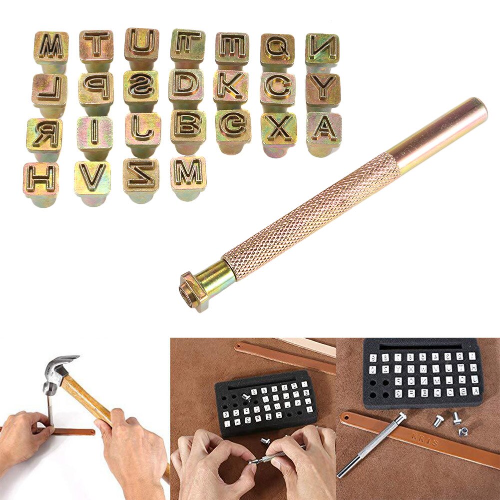 Set de sellos de letras mayúsculas artesanales de cuero, 26 letras, estampas de alfabeto, punzón de acero, herramienta Arte de cuero para manualidades, herramientas de estampado en V