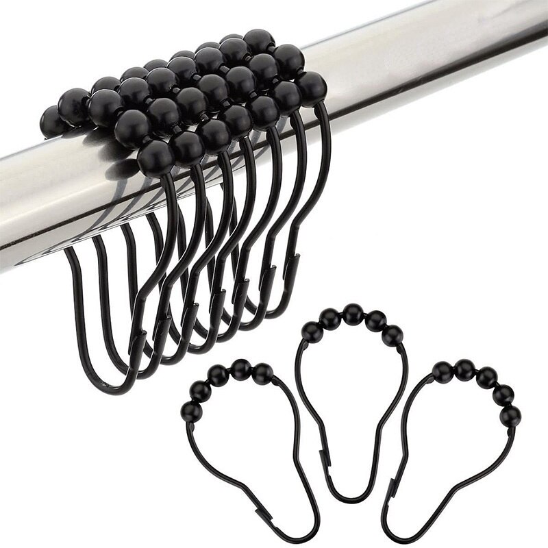 12 stk/pakke rustfri stål gardin kroge badegardin rollerball bruseforhæng ringe kroge 5 ruller poleret satin nikkel kugle: Sort