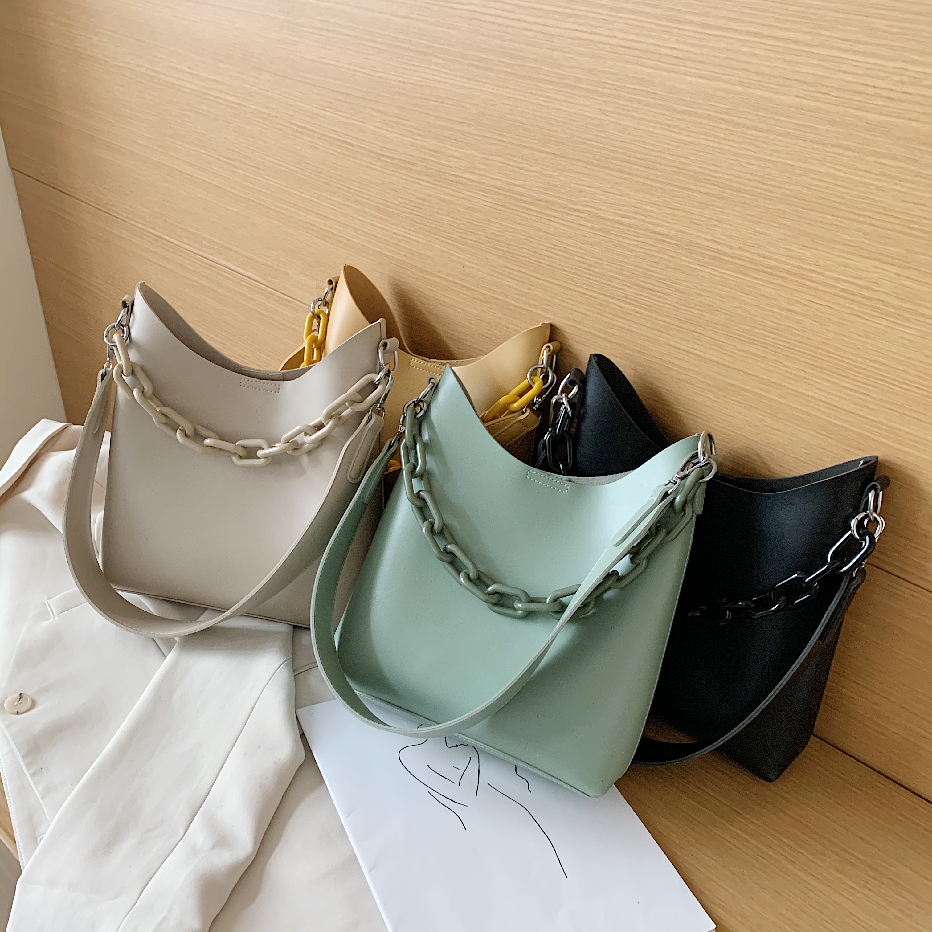 Solid Color PU Leather Bucket Bags For Women Small Chain Shoulder Simple Crossbody Handbags Female Travel Bag