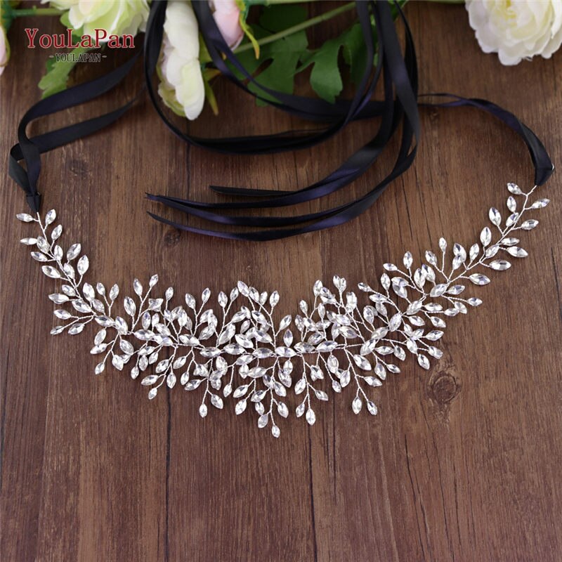 YouLaPan – ceinture pour robe de mariée, avec strass, en argent et diamant, rapide, SH237: Black ribbon