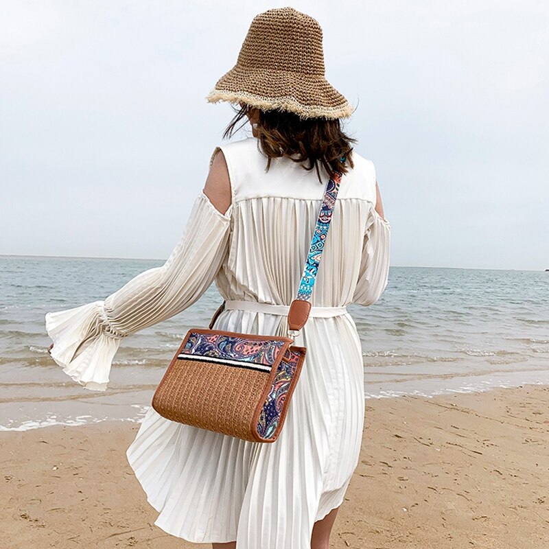 Bolso Boho de ratán, bolsa de paja para playa, bolso étnico de hombro para mujer con correa colorida, bolsos cruzados para mujer, marrón