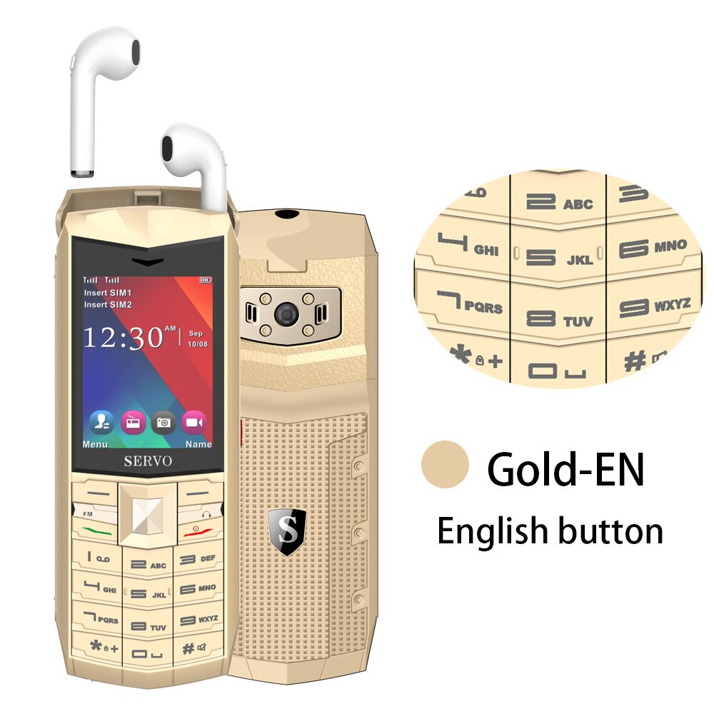 Original SERVO R26 2.4 "praktisch mit TWS 5,0 Bluetooth drahtlose kopfhörer 3000mAh Energie Bank GSM GPRS 2 SIM Karte Handys: hinzufügen 8GB TF Karte / Gold Englisch Taste