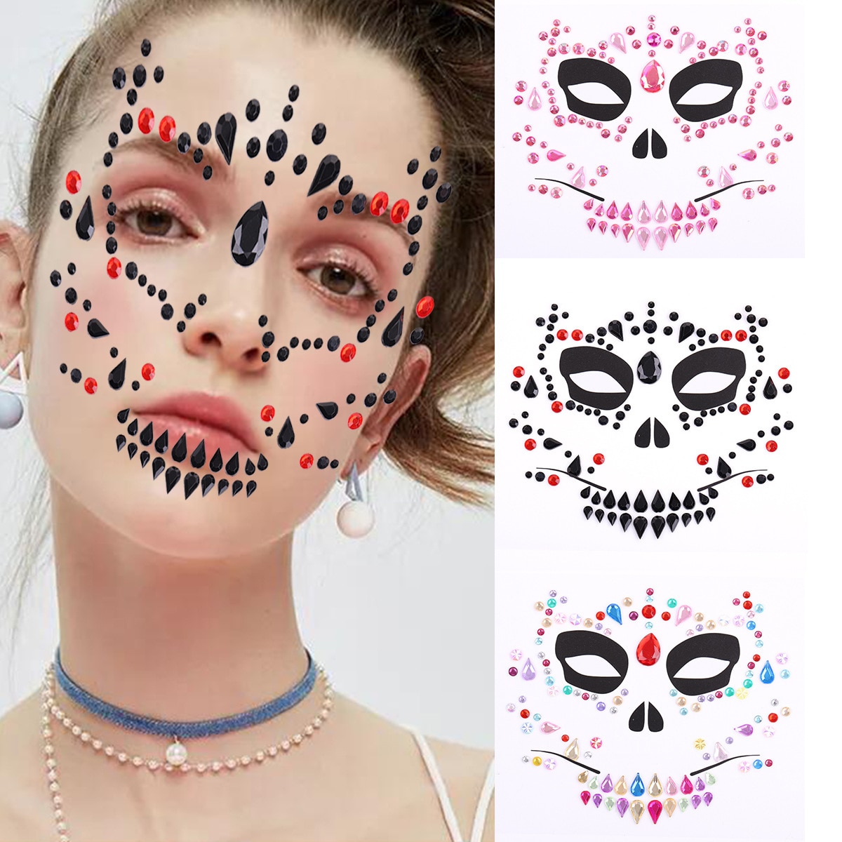 1 Pc Halloween Gezicht Terroristische Acryl Boor Tattoo Milieu Maskerade Vrouwen Make-up Gezicht Jewel Body Art Schedel Gezicht stickers
