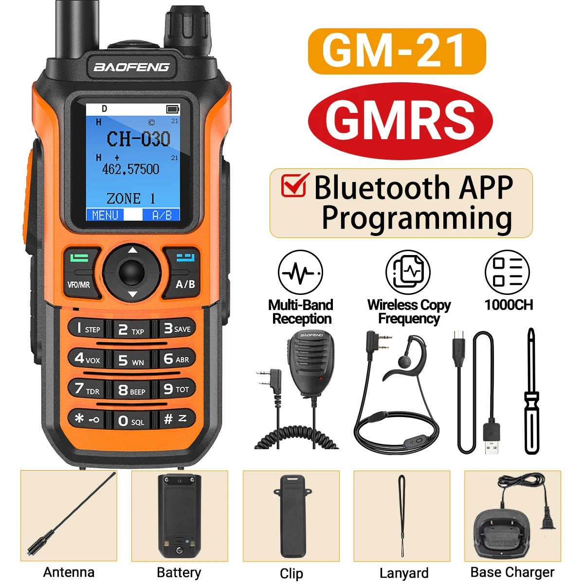 Baofeng GM-21 Walkie Talkie GMRS Transceiver Bluetooth Wireless Programing Multi-Band Receiving AM FM Type-c Charger Radio: Yellow / US