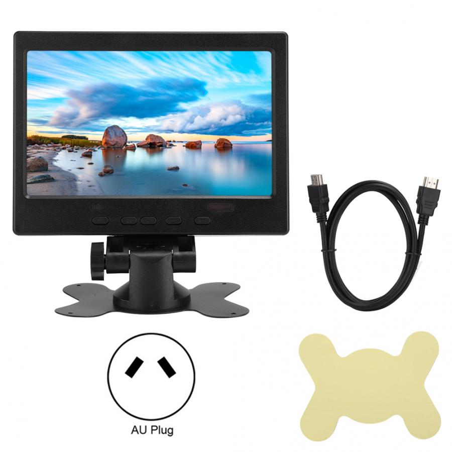 7 Inch Multi-function Monitor 800:1 1024x600 16:9 Display with Stand Support HDMI/VGA/AV Input (100-240V) with Power Adapter: AU Plug