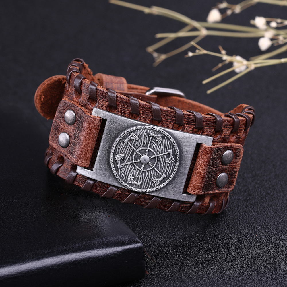 Skyrim – bracelet en cuir large avec pendentif de hache Viking, bijoux de la mythologie nordique, amulette Kolovrat esclave Wicca Pulseira