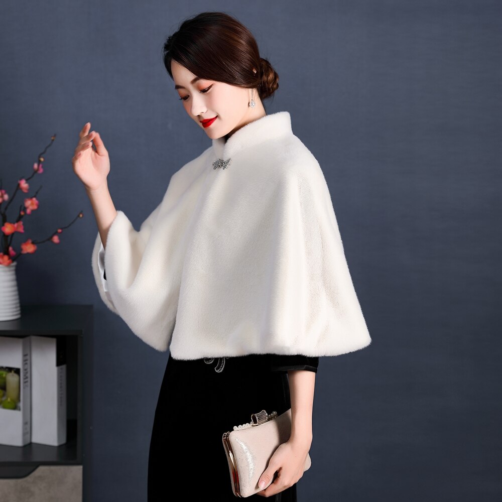 Faux Pelz Party wickeln Winter Warme Braut Bolero Elfenbein Hochzeit Mantel hoch Nacken Hochzeit Braut wickeln Party Kap