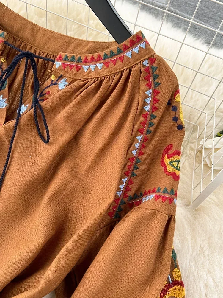 Boho-Kleid für Damen, Jahrgang-Stil, Ethno-Stil, Laterne, langärmelig, bestickt, Rundhalsausschnitt, schmales A-Linien-Kleid aus Baumwolle und Leinen
