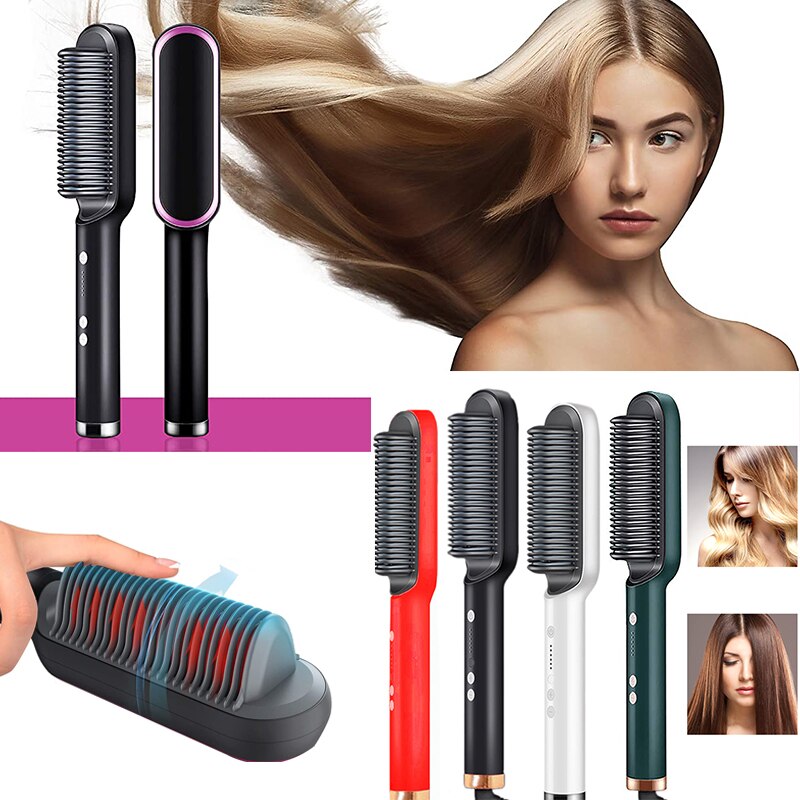 Hair Straightener Brush 2 In 1 Ionic Straightening Brush With 3 Heat Levels Fast Ceramic Heating Anti-Scald Straightening Comb