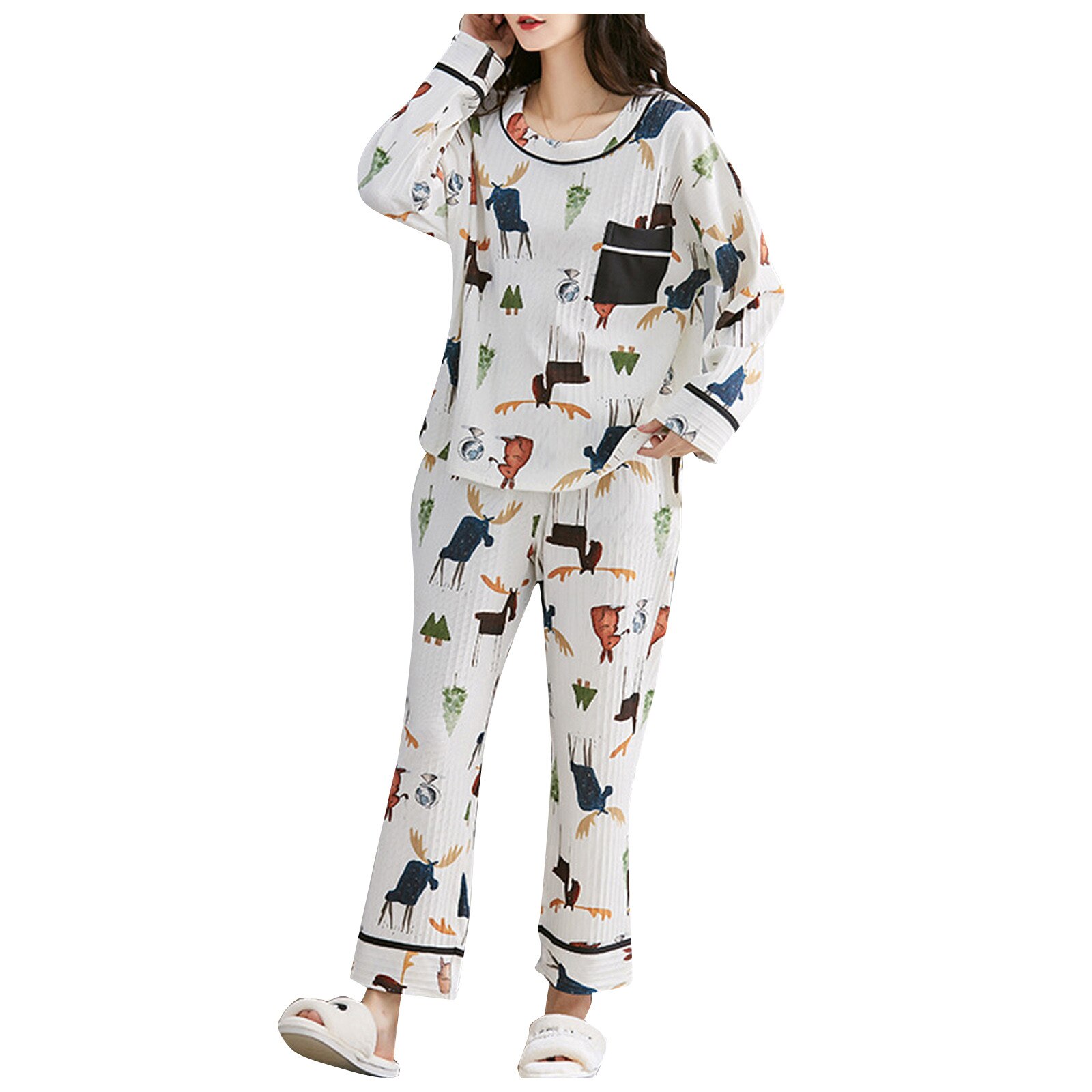 Plus Size Women's Pajama Set Autumn Cute Print Home Suit Pajamas 2 Piece Sleepwear Elastic Waist Top + pant Loose Home Wear#30