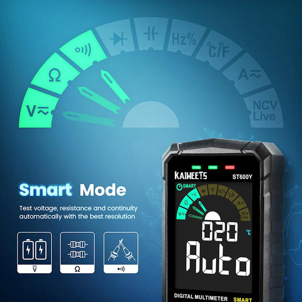 KAIWEETS-multímetro inteligente Digital ST600Y, 6000 recuentos, rango automático de valores eficaces auténticos, NCV, probador de voltaje CA y CC