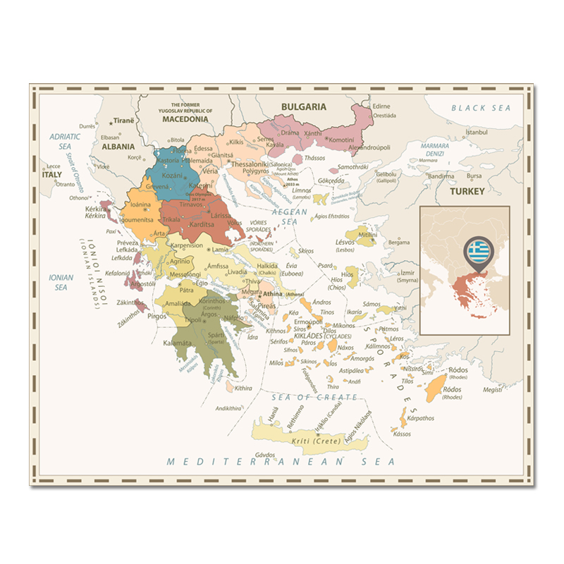 Kleurrijke Griekenland Kaart Poster Size Wanddecoratie Grote Kaart van Griekenland 80x63cm Waterdichte canvas kaart