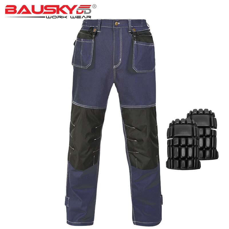 100% cotton multi pocket work pants with knee pad pants workwear trousers working clothes lightweight: Navy blue / M-170-96
