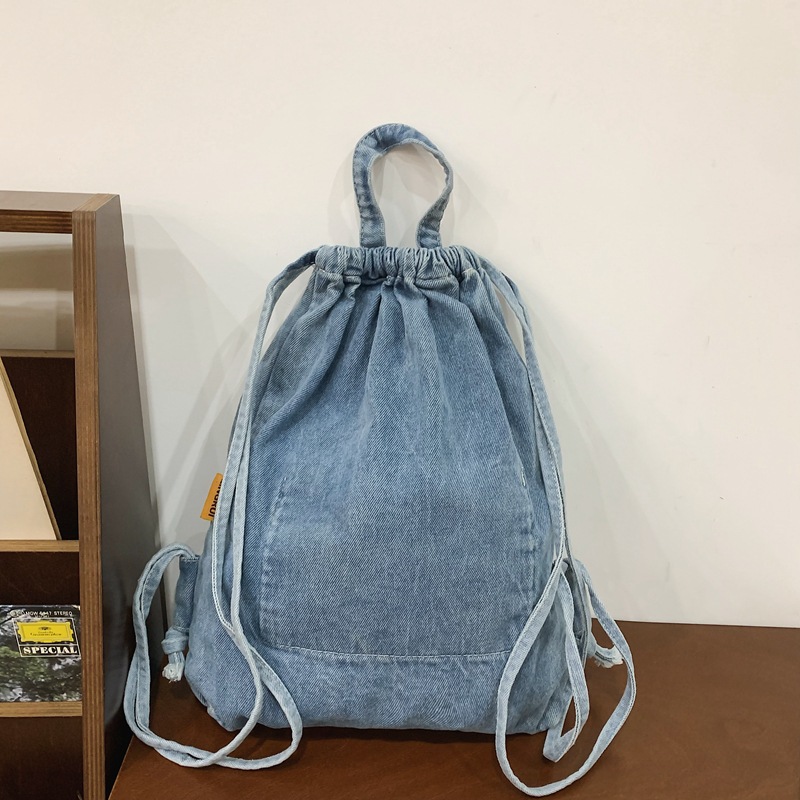 Mochila Gewassen Canvas Tas Met Trekkoord Voor Dames Retro Mode Reisrugzak Unisex Effen Kleur Denim Rugzak