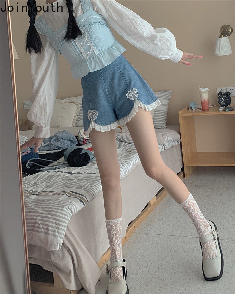 Joinyouth pantalones cortos pijo Coreano corazón Kawaii de Jean Pantalón corto de pierna ancha dulce estudiante japonés High Waisted Shorts pantalones cortos de mezclilla de las mujeres