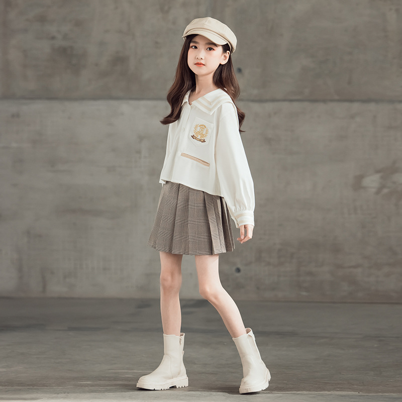 Children's Spring Polyester Blouse Suits Middle School Students Korean College Style Pleated Skirt Girls Two-piece SuitLB271
