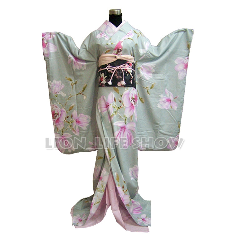 Women Japanese Traditional Blue green Furisode Long Kimono Dress Cosplay Costume outfit