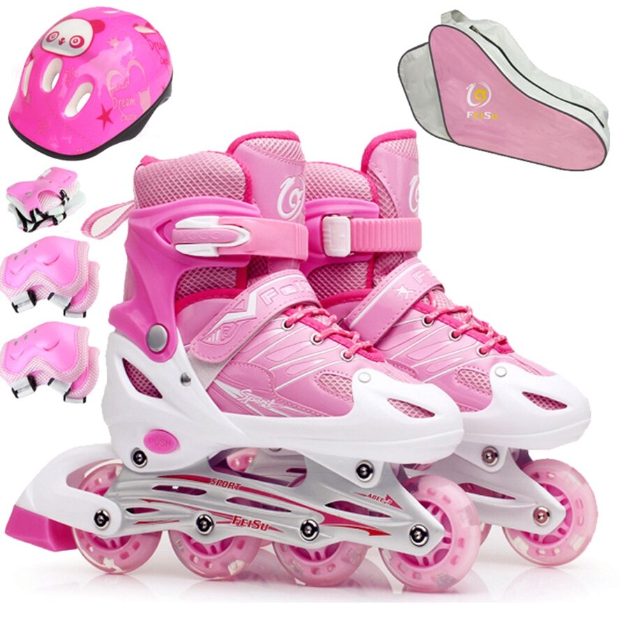 9 Stks/set Kinderen Knipperende Verstelbare Skates Inline Skate Roller Kids Schaatsen Schoenen Helm Knie Pols Protector Gear Tiener: pink Size M 35-38