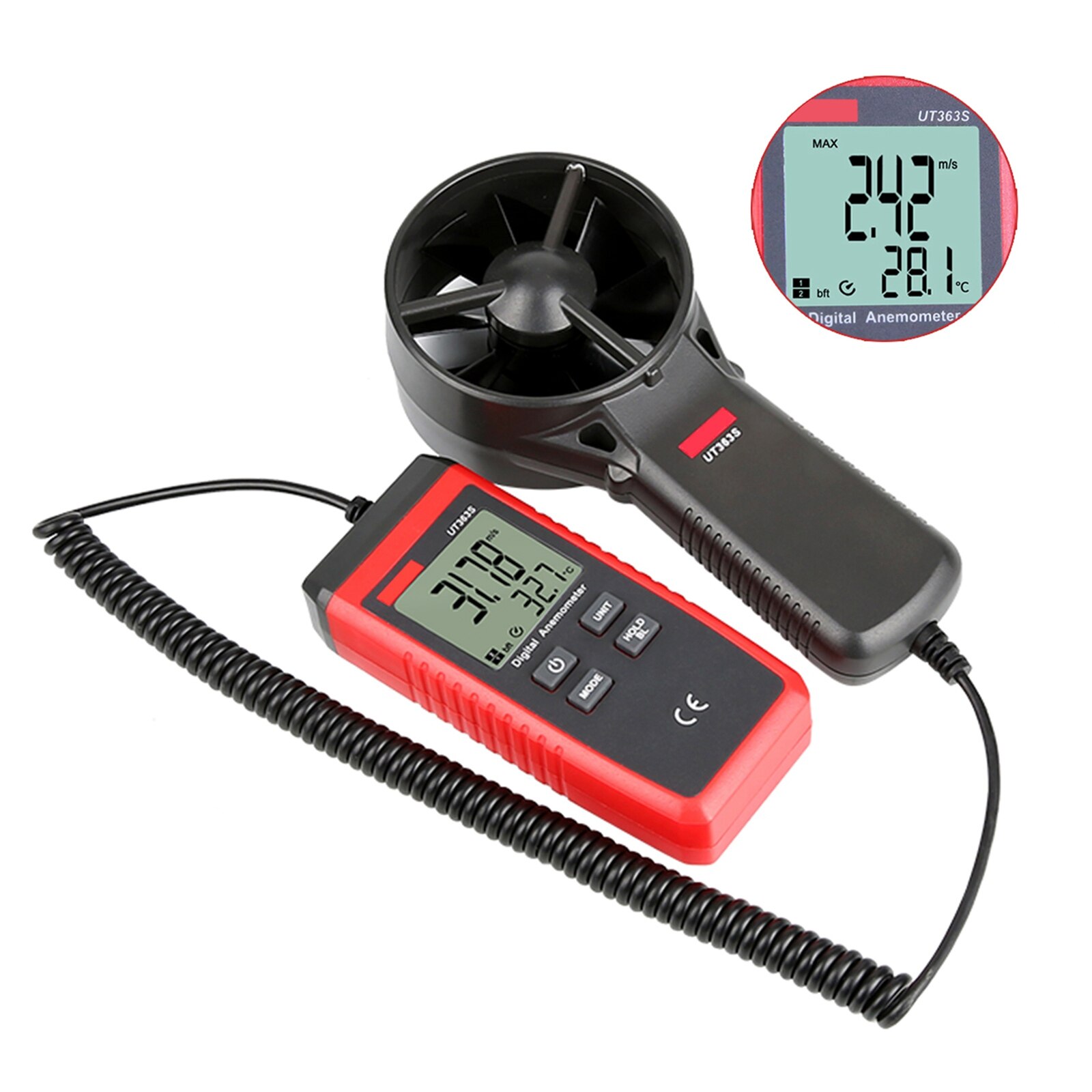 Air Thermometer UT363S Handheld Anemometer Anemometer Air-cooled Air Wind Velocity Measurement Expandable Wind Sensor LCD
