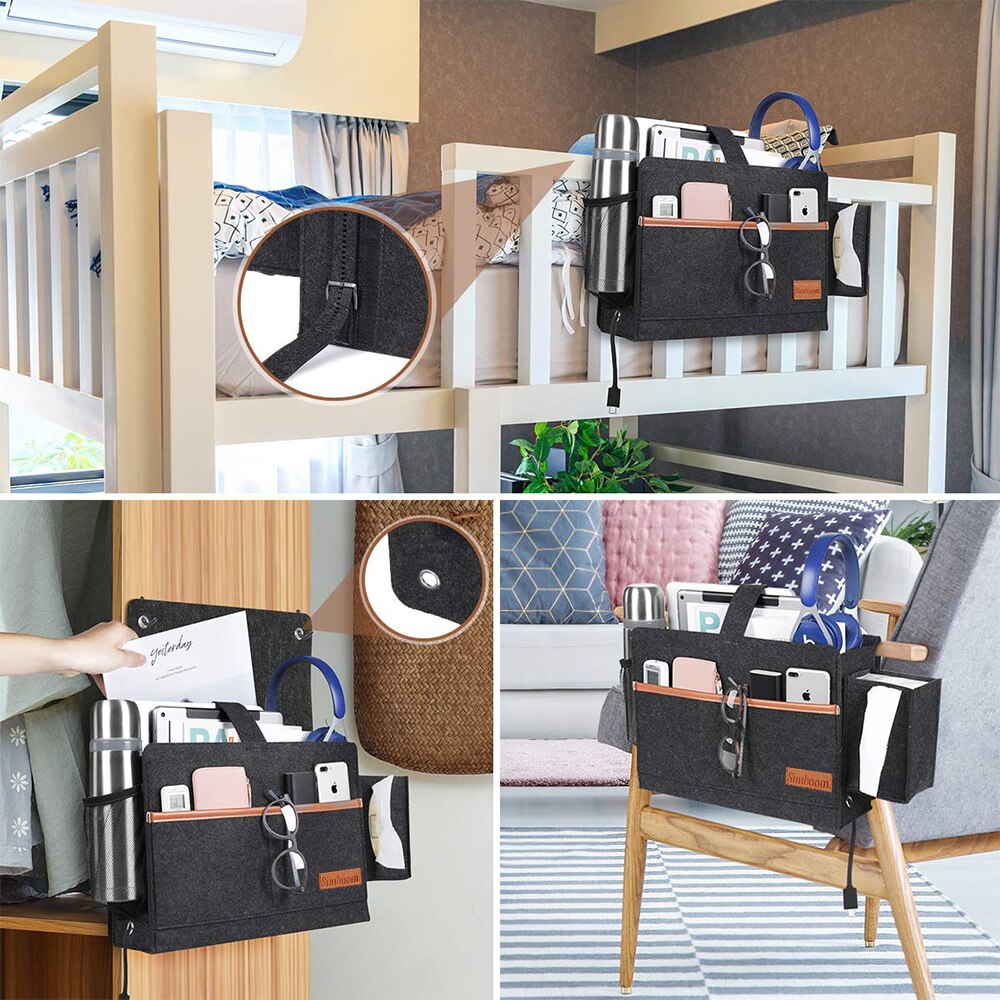 Felt Hanging Storage Bag with Tissue Box and Water Bottle Holder, Bedroom Sofa Organizer Bag for Books Pad Phone Chargers