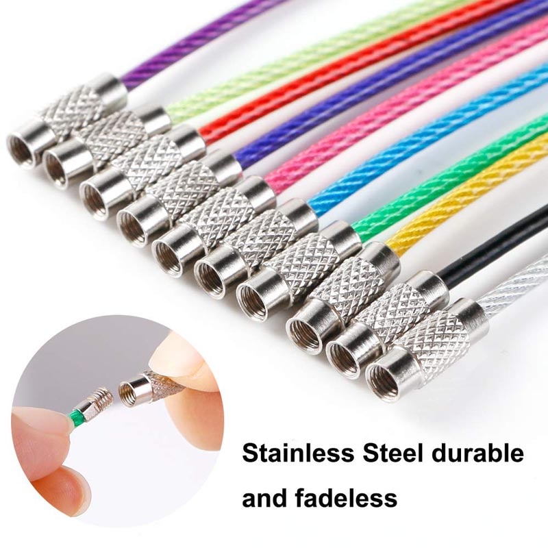 10Pcs Colorful Stainless Steel Wire Keychain Carabiner Key Circle Rope Cable Loop Outdoor Camping Hiking Screw Locking Key Chain