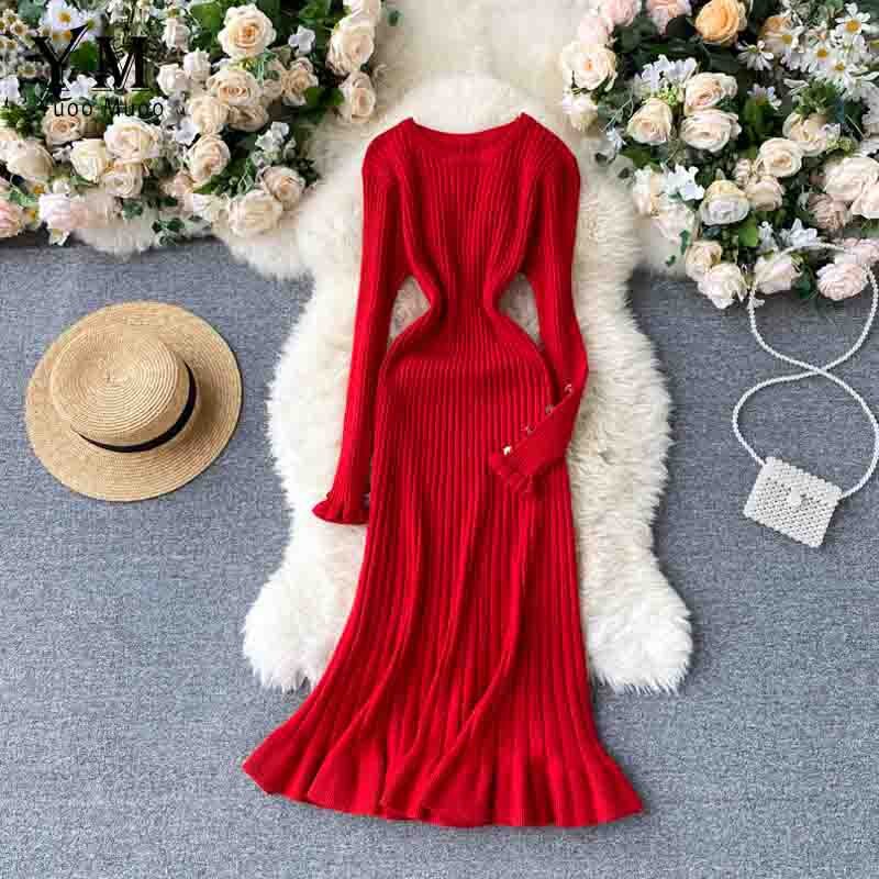 Yuoomuoo Vrouwen Gebreide Lange Jurk Herfst Winter Slanke Lange Mouwen Omzoomd Dames Jurken Elegante Partij Vrouwelijke Rode Trui Jurk: Rood