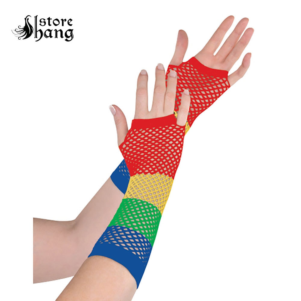 Regenboog Visnet Vingerloze Handschoenen 80 s Diamant Netto Lange Handschoenen LGBT Gay Pride Arm Warmers Rock Star Kostuum Accessoires