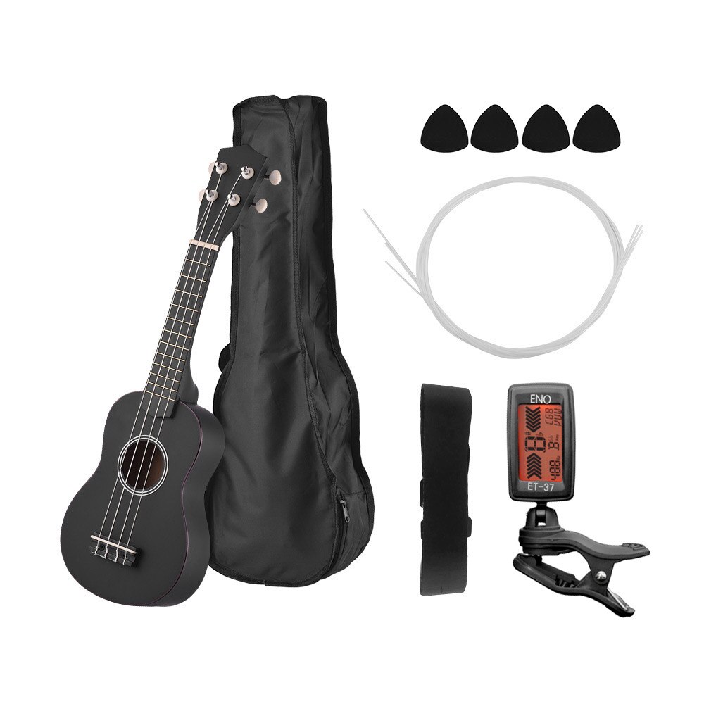 Ukulele Soprano acoustique de 21 pouces, Kit Uke en tilleul avec sac de transport, cordes de sangle Uke, médiators de guitare, accordeur noir: Black