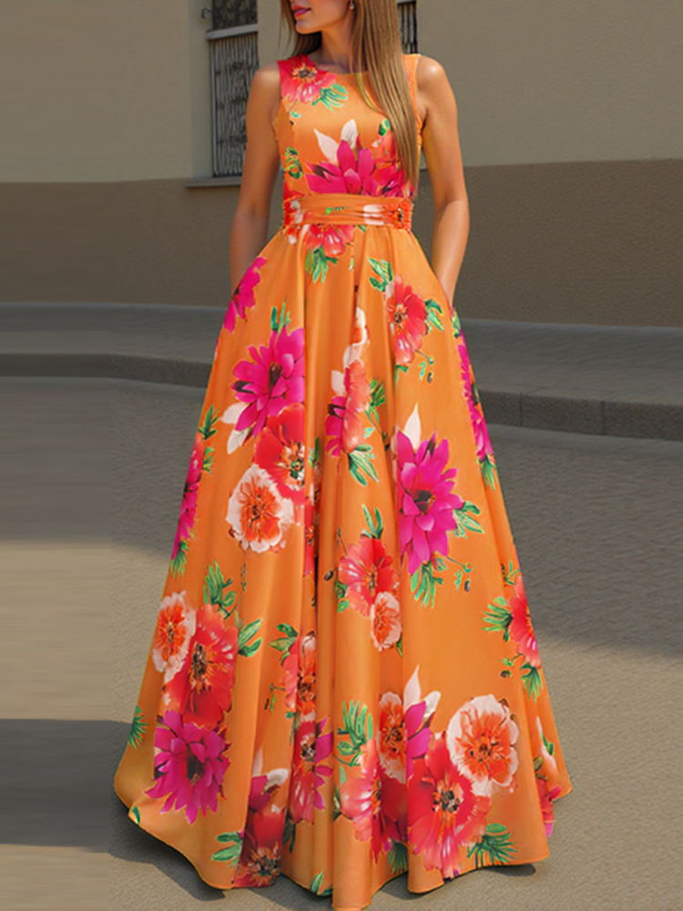 ZANZEA Frauen Bohemian Kleid Floral Bedruckte Tank Sommerkleid 2025, Sommer Ärmellose Taille Robe Casual Party Maxi Kleider: S / Orange