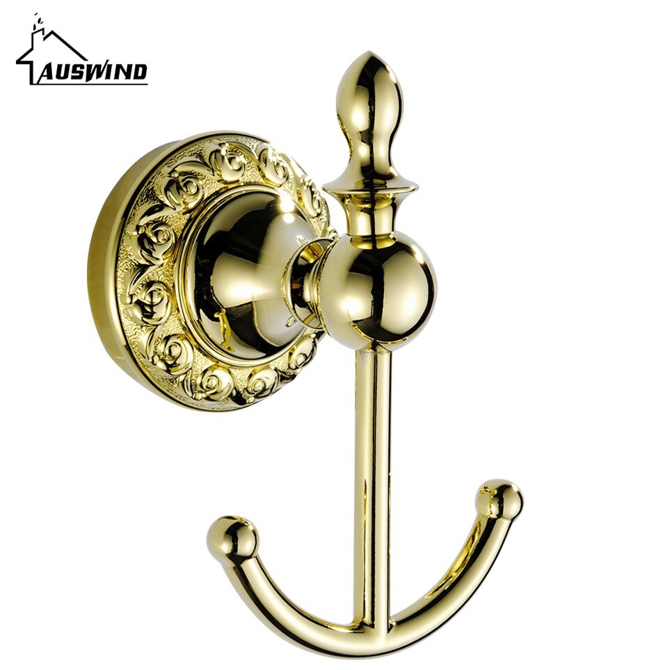 Europe Solid Brass Robe Hooks Clothes Polish Finish Wall Mounted Gold Coat Hook Bath Hardware Products: Gold
