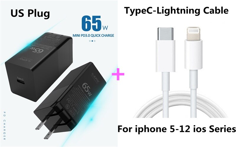 Travel 65W GaN USB C PD MagSaf* Power Adapter Fast Smart Mobile Phone Quick Charger For Laptop Macbook iphone Xiaomi Huawei: US With C-Lightning