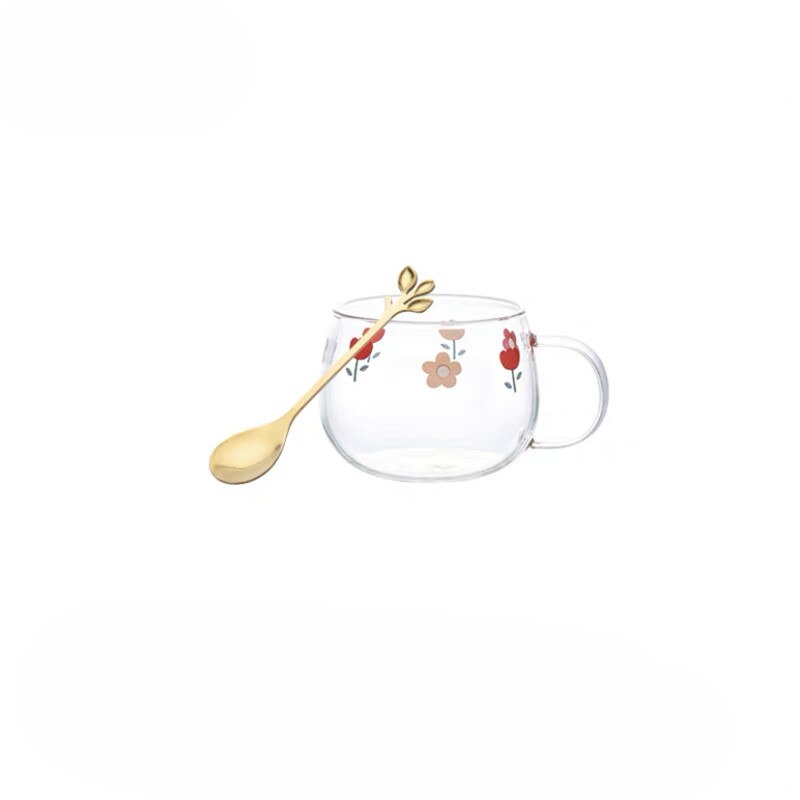 Japansk genomskinlig blomma glas mjölkkopp med sked och fat set kaffe frukost mugg dessert tallrik söt enkel tekopp: A med sked