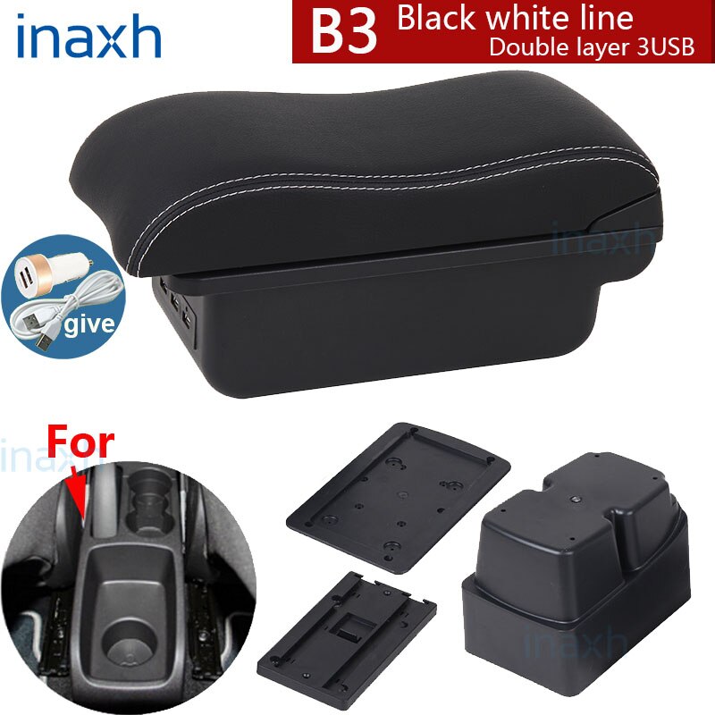 Für Ford Fest Armlehne Kasten Innen Teile spezielle nachrüsten teile Auto Armlehne Zentrum Speicher Kasten mit USB LED licht: B3 Schwarz Weiß 3USB