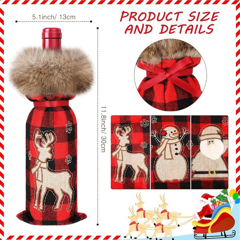 6 Stuks Kerst Buffalo Plaid Wijnfles Cover Decoratieve Wijnfles Trui Met Faux Bontkraag Holder Tassen